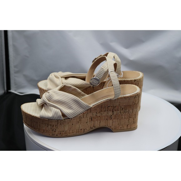 NEWUniversal Thread Shoes Womens Sz 7.5 Beige Stripe Cork Platform Wedge Sandals - Picture 3 of 11